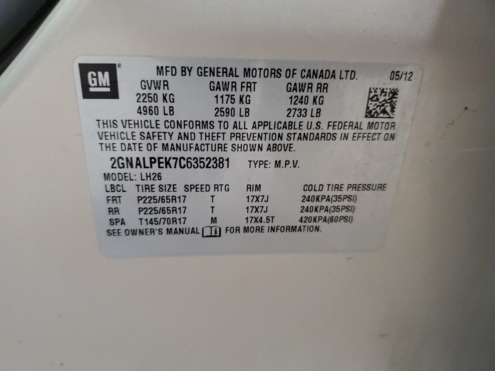 2GNALPEK7C6352381 2012 Chevrolet Equinox Lt