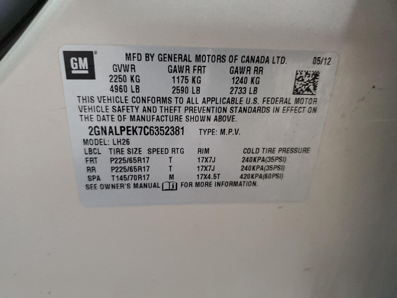 2012 Chevrolet Equinox Lt VIN: 2GNALPEK7C6352381 Lot: 61571494