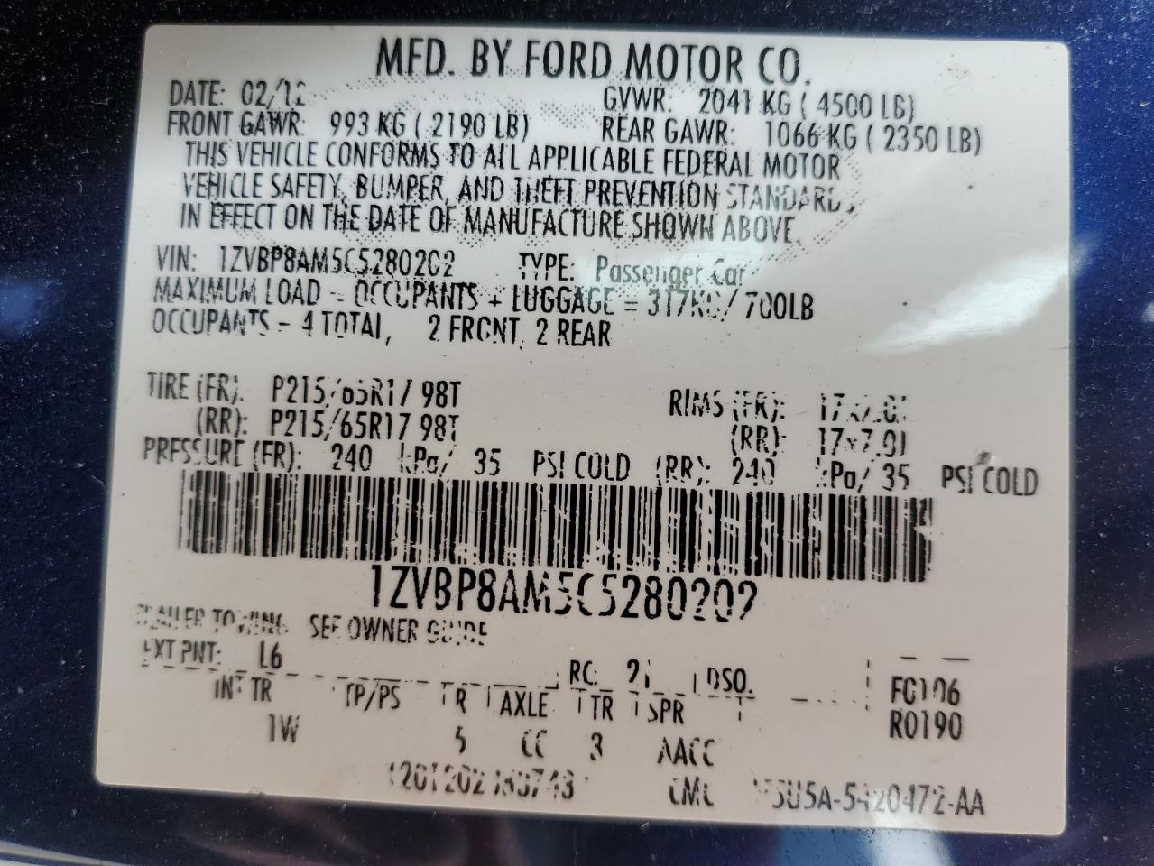 2012 Ford Mustang VIN: 1ZVBP8AM5C5280202 Lot: 61610734