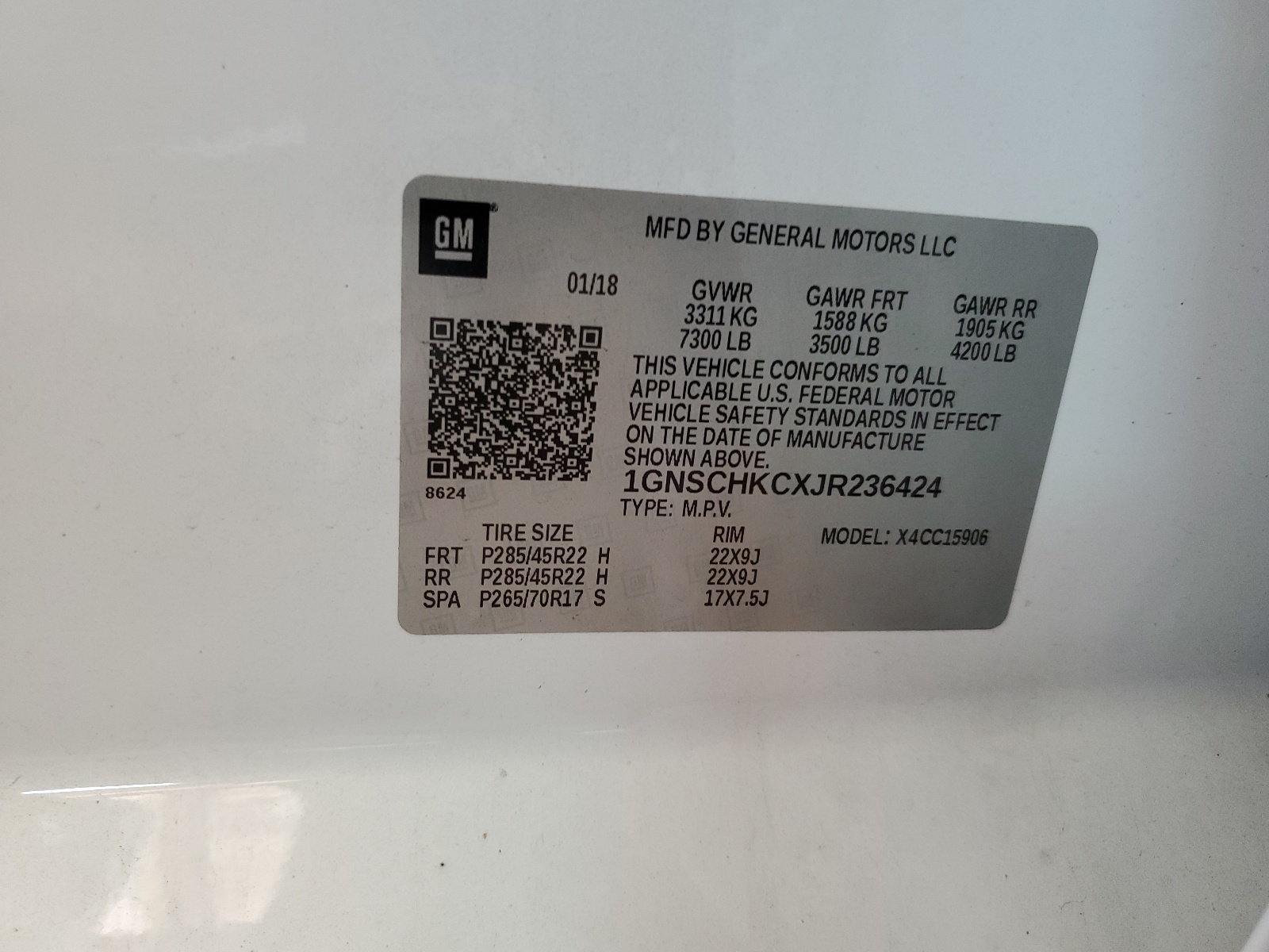 1GNSCHKCXJR236424 2018 Chevrolet Suburban C1500 Lt