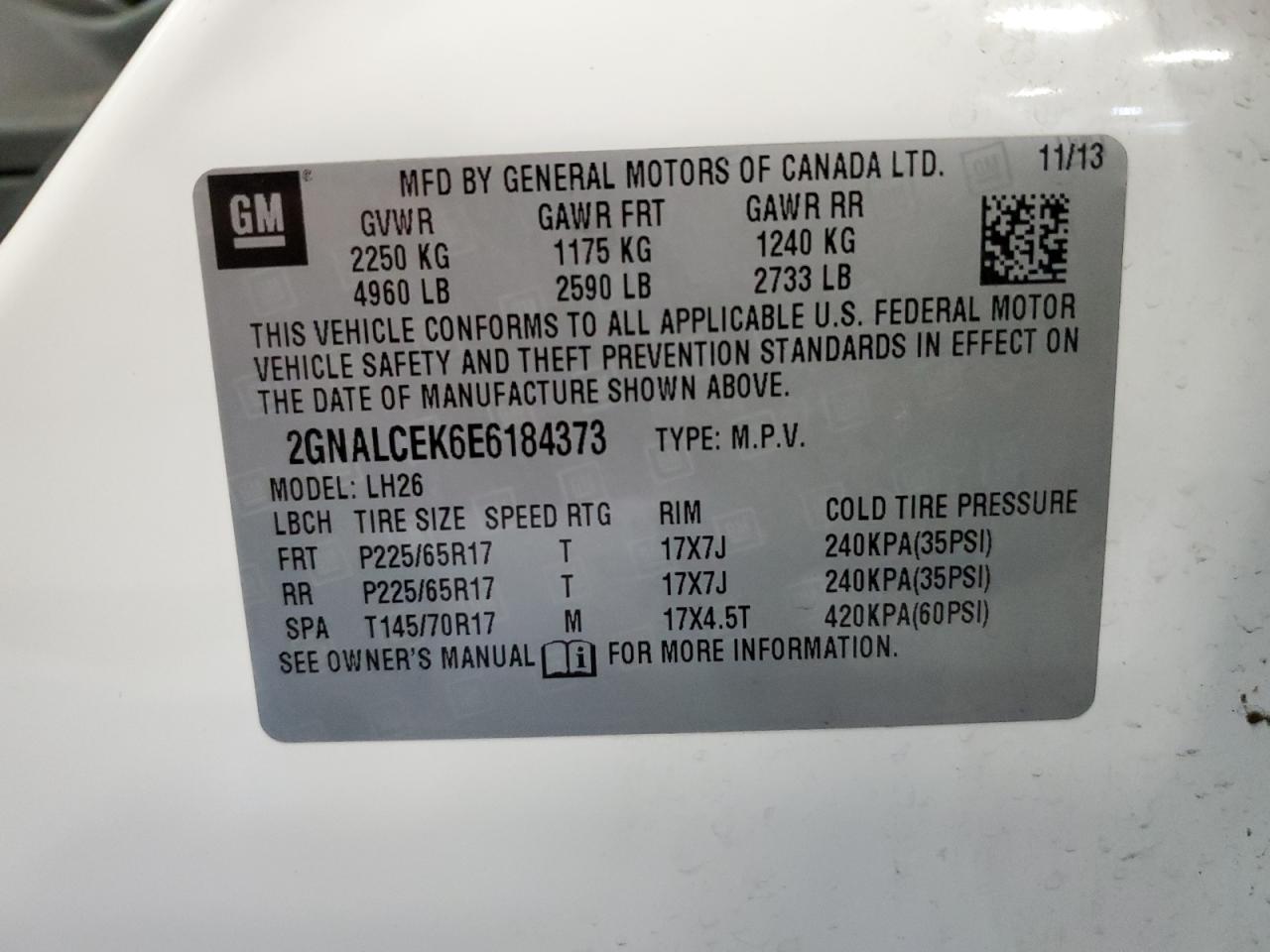 2014 Chevrolet Equinox Lt VIN: 2GNALCEK6E6184373 Lot: 63138164