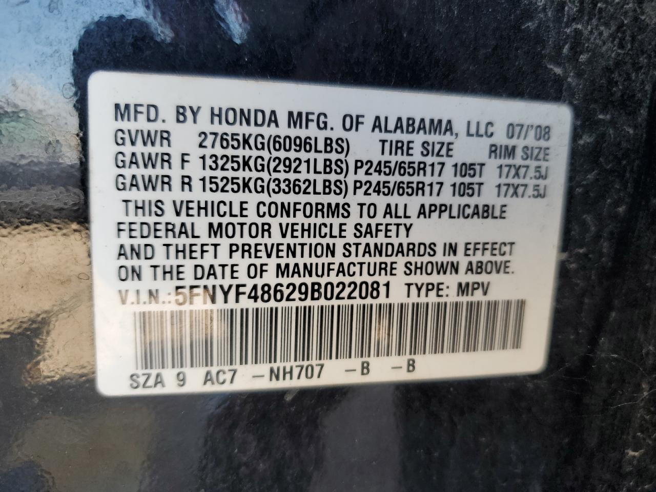 2009 Honda Pilot Exl VIN: 5FNYF48629B022081 Lot: 65001454