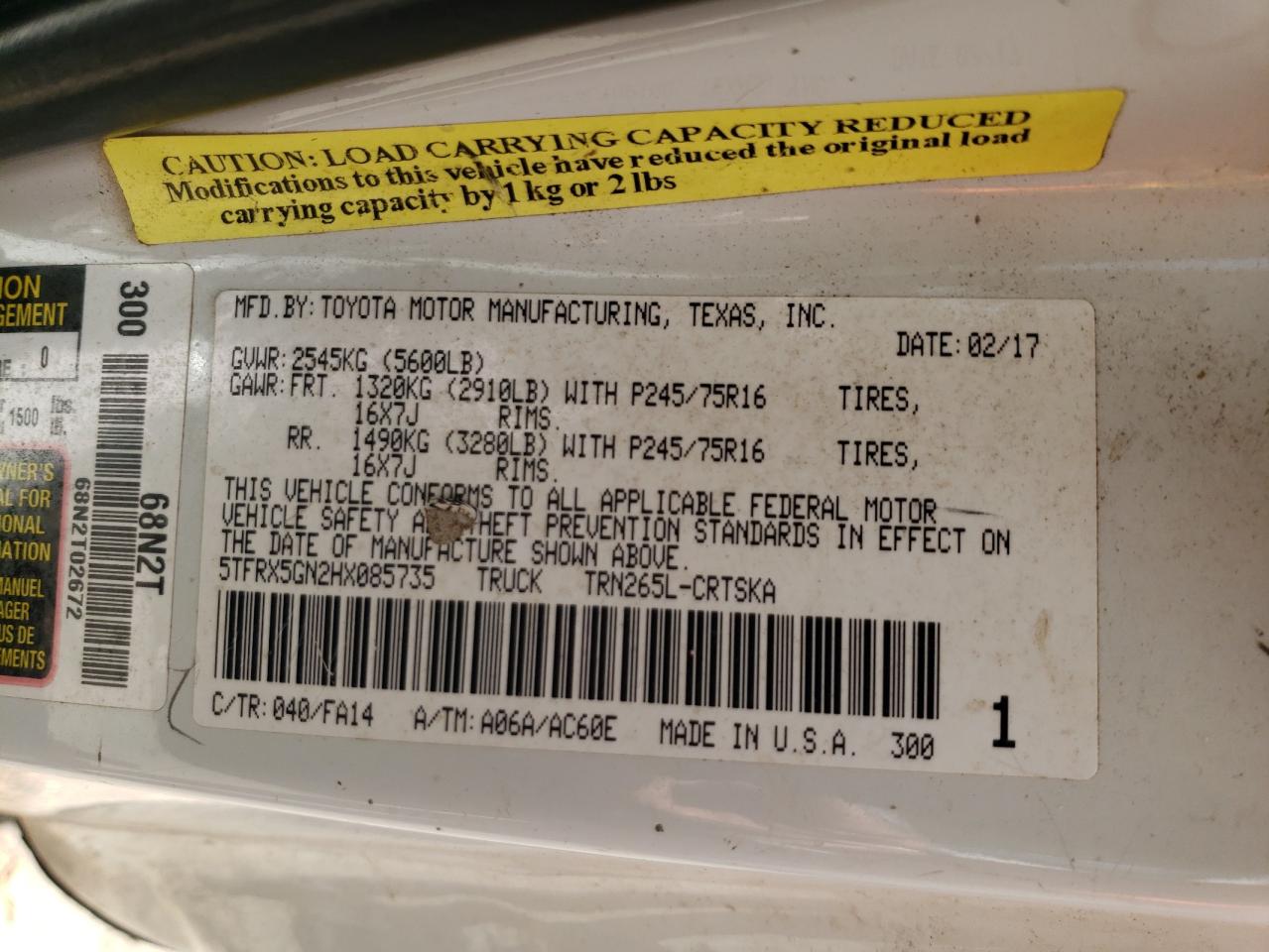 2017 Toyota Tacoma Access Cab VIN: 5TFRX5GN2HX085735 Lot: 65227104