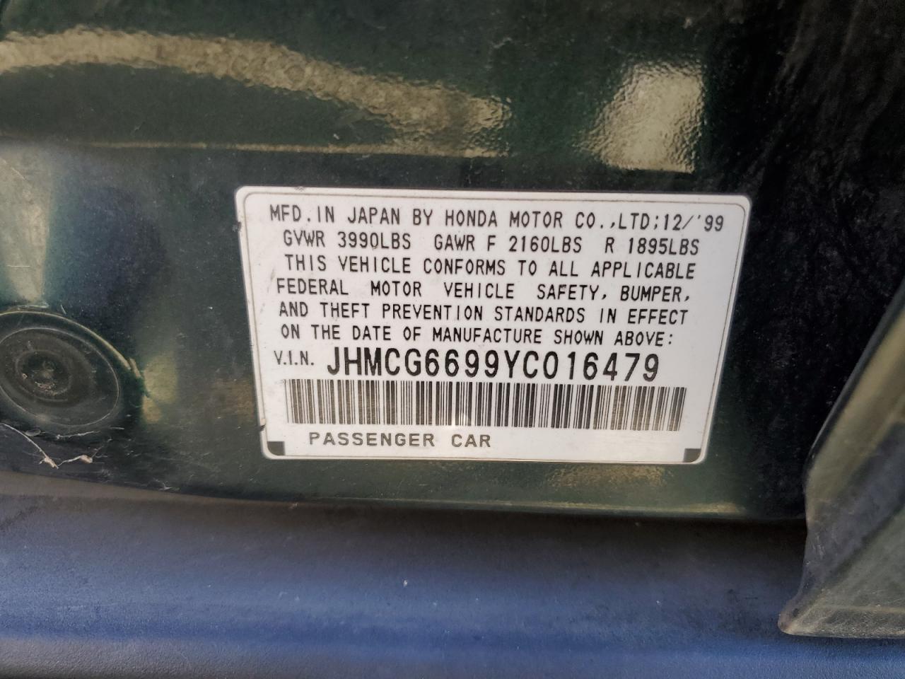 2000 Honda Accord Se VIN: JHMCG6699YC016479 Lot: 63423834