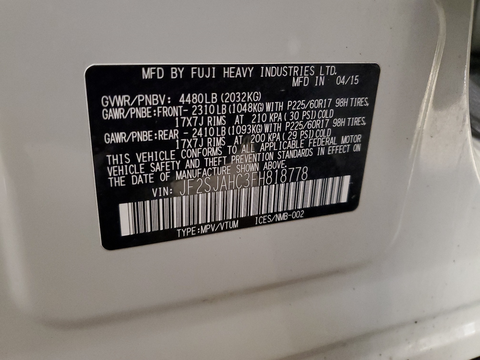 JF2SJAHC3FH818778 2015 Subaru Forester 2.5I Limited