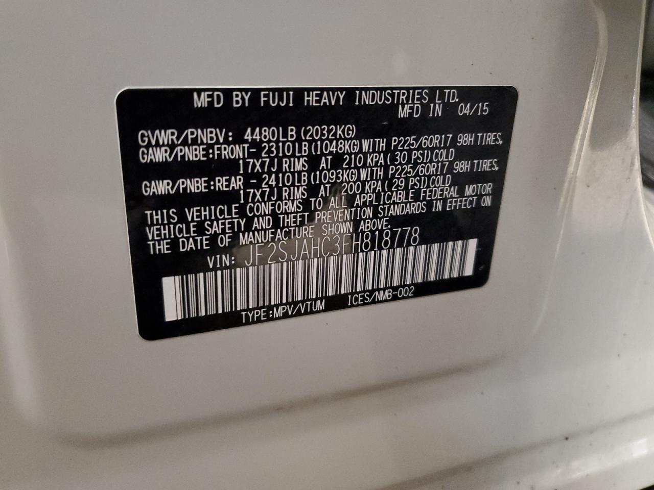 2015 Subaru Forester 2.5I Limited VIN: JF2SJAHC3FH818778 Lot: 63882554