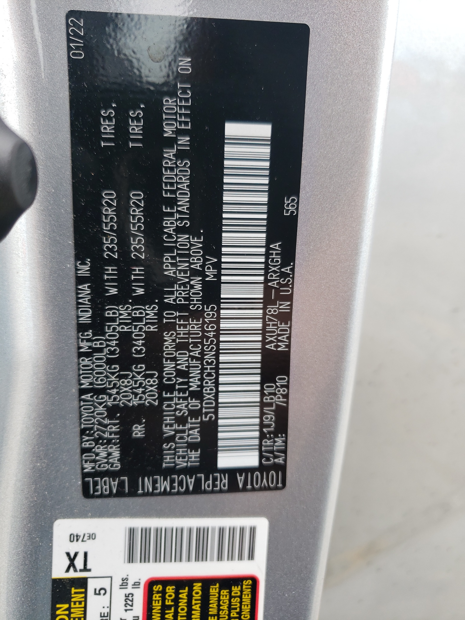 5TDXBRCH3NS546195 2022 Toyota Highlander Hybrid Limited