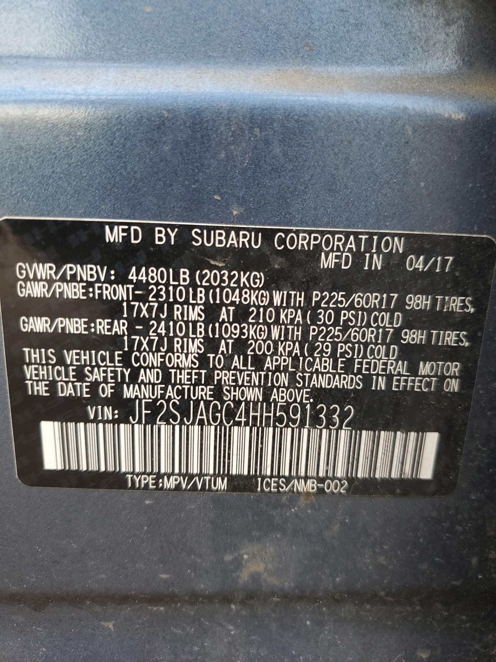 JF2SJAGC4HH591332 2017 Subaru Forester 2.5I Premium