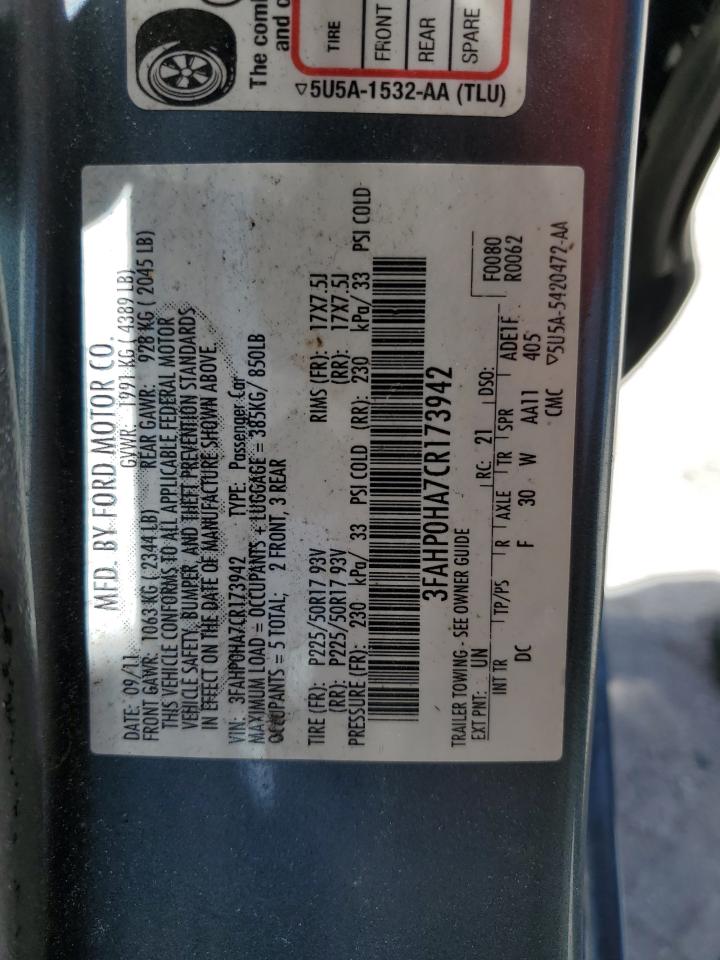 2012 Ford Fusion Se VIN: 3FAHP0HA7CR173942 Lot: 61797384