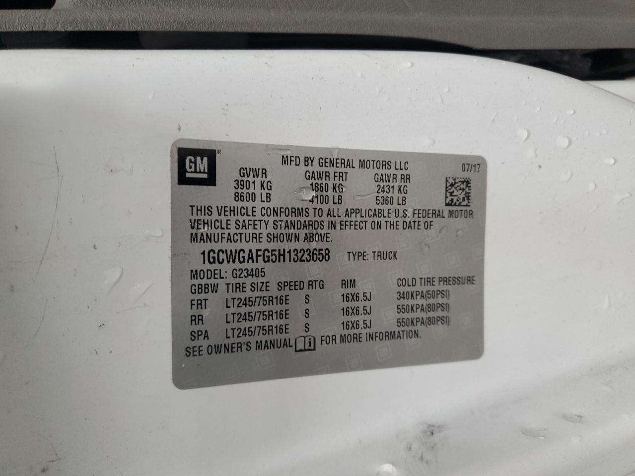 2017 Chevrolet Express G2500 VIN: 1GCWGAFG5H1323658 Lot: 64793894