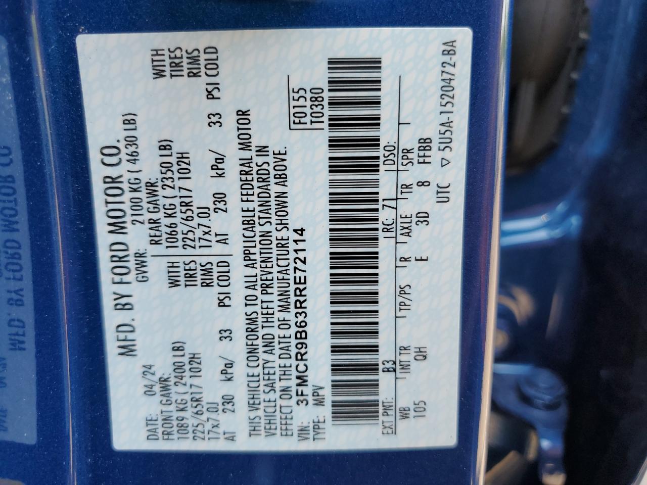 2024 Ford Bronco Sport Big Bend VIN: 3FMCR9B63RRE72114 Lot: 63493254