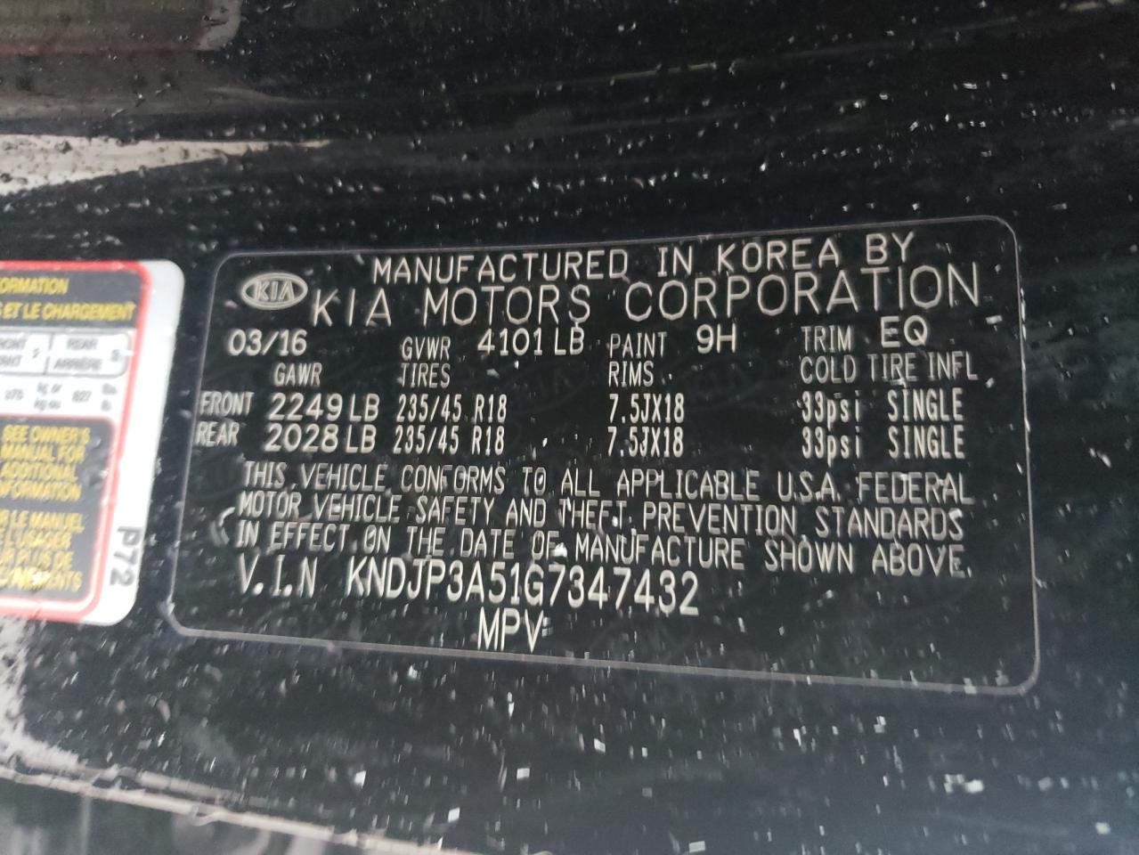 2016 Kia Soul + VIN: KNDJP3A51G7347432 Lot: 62474504