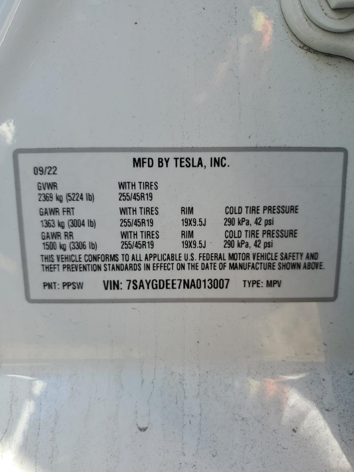 7SAYGDEE7NA013007 2022 Tesla Model Y