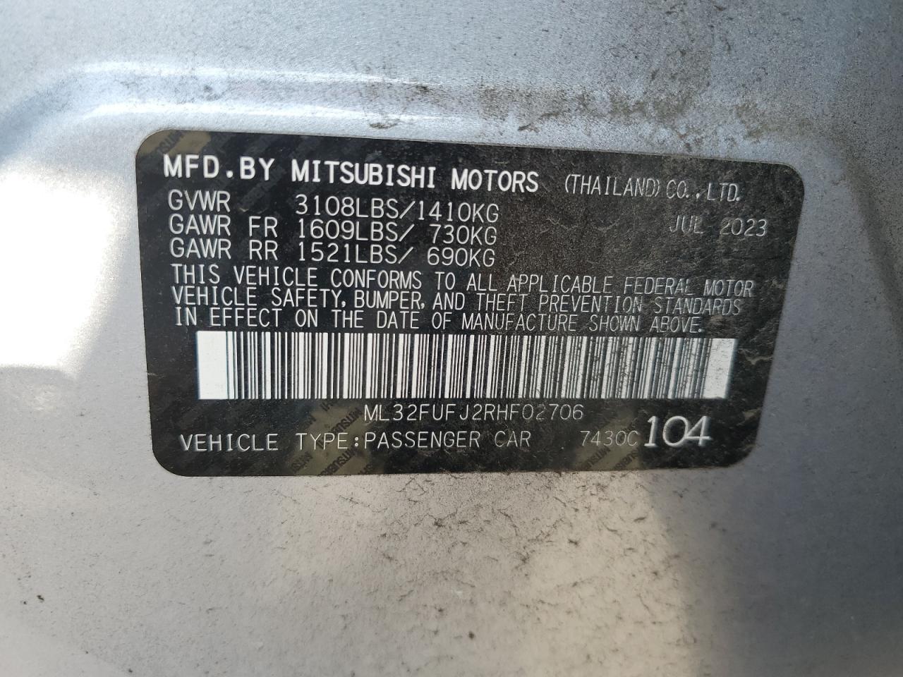 2024 Mitsubishi Mirage G4 Es VIN: ML32FUFJ2RHF02706 Lot: 62698664