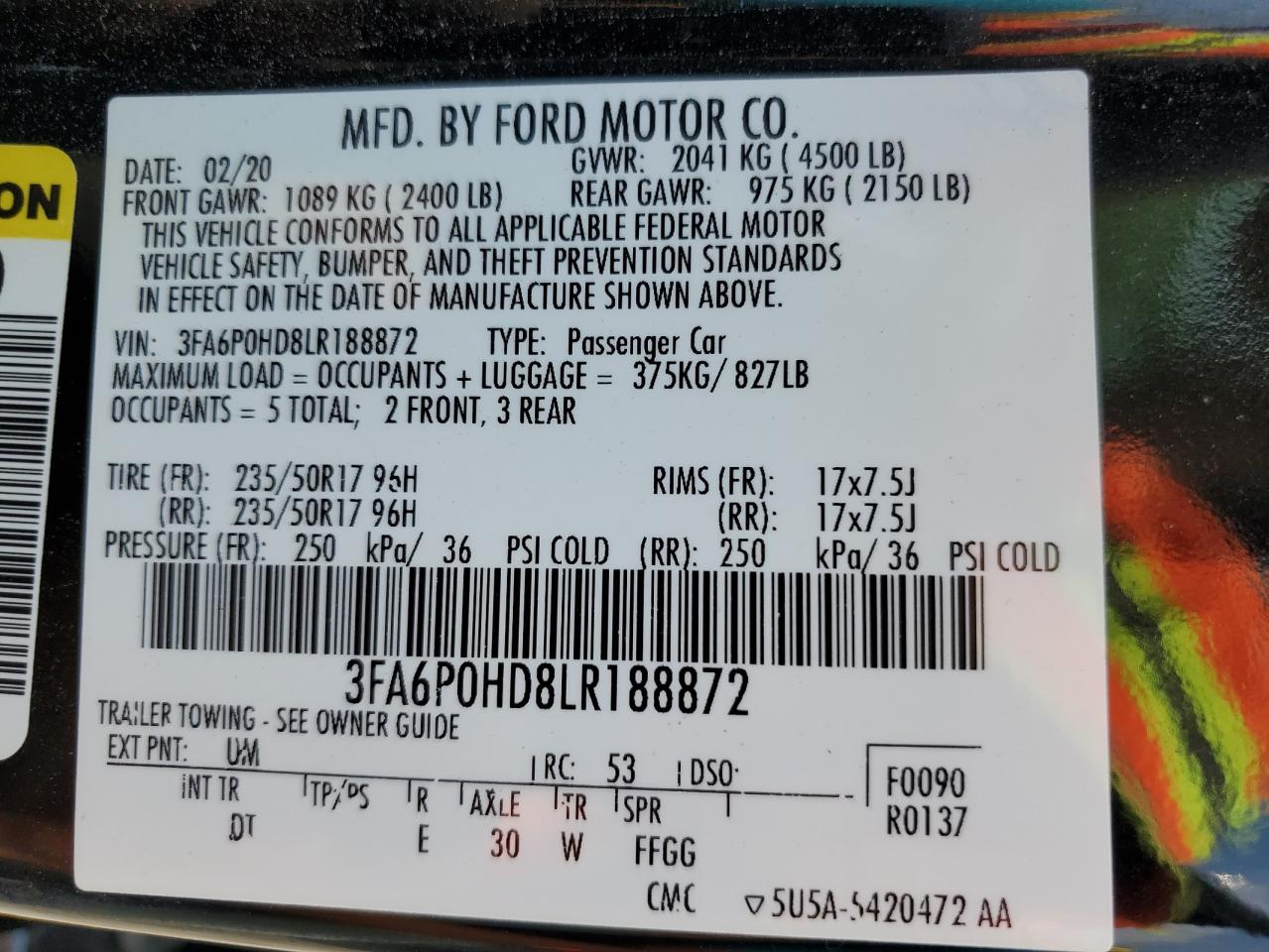 2020 Ford Fusion Se VIN: 3FA6P0HD8LR188872 Lot: 64856394