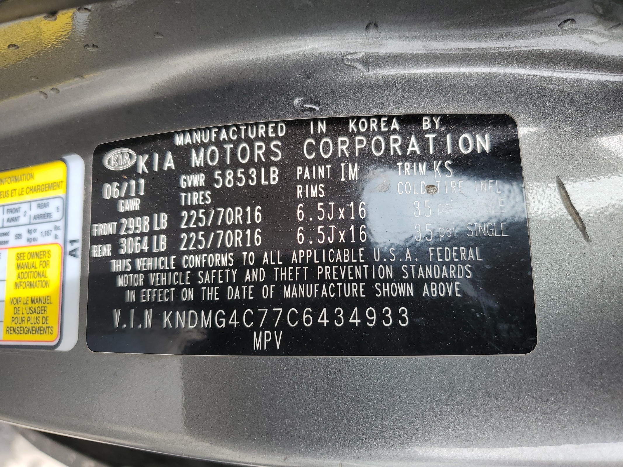 KNDMG4C77C6434933 2012 Kia Sedona Lx