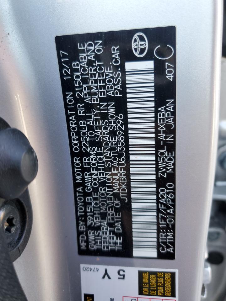 2018 Toyota Prius VIN: JTDKBRFU6J3589296 Lot: 61162134