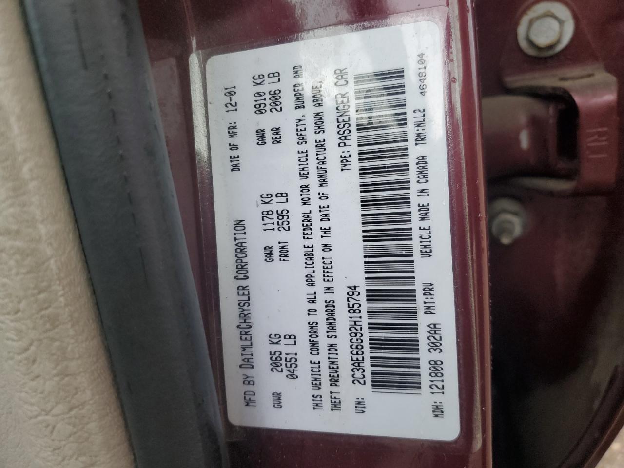 2002 Chrysler 300M VIN: 2C3AE66G92H185794 Lot: 62886884