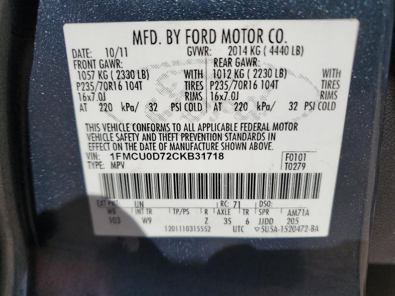 2012 Ford Escape Xlt VIN: 1FMCU0D72CKB31718 Lot: 65008754