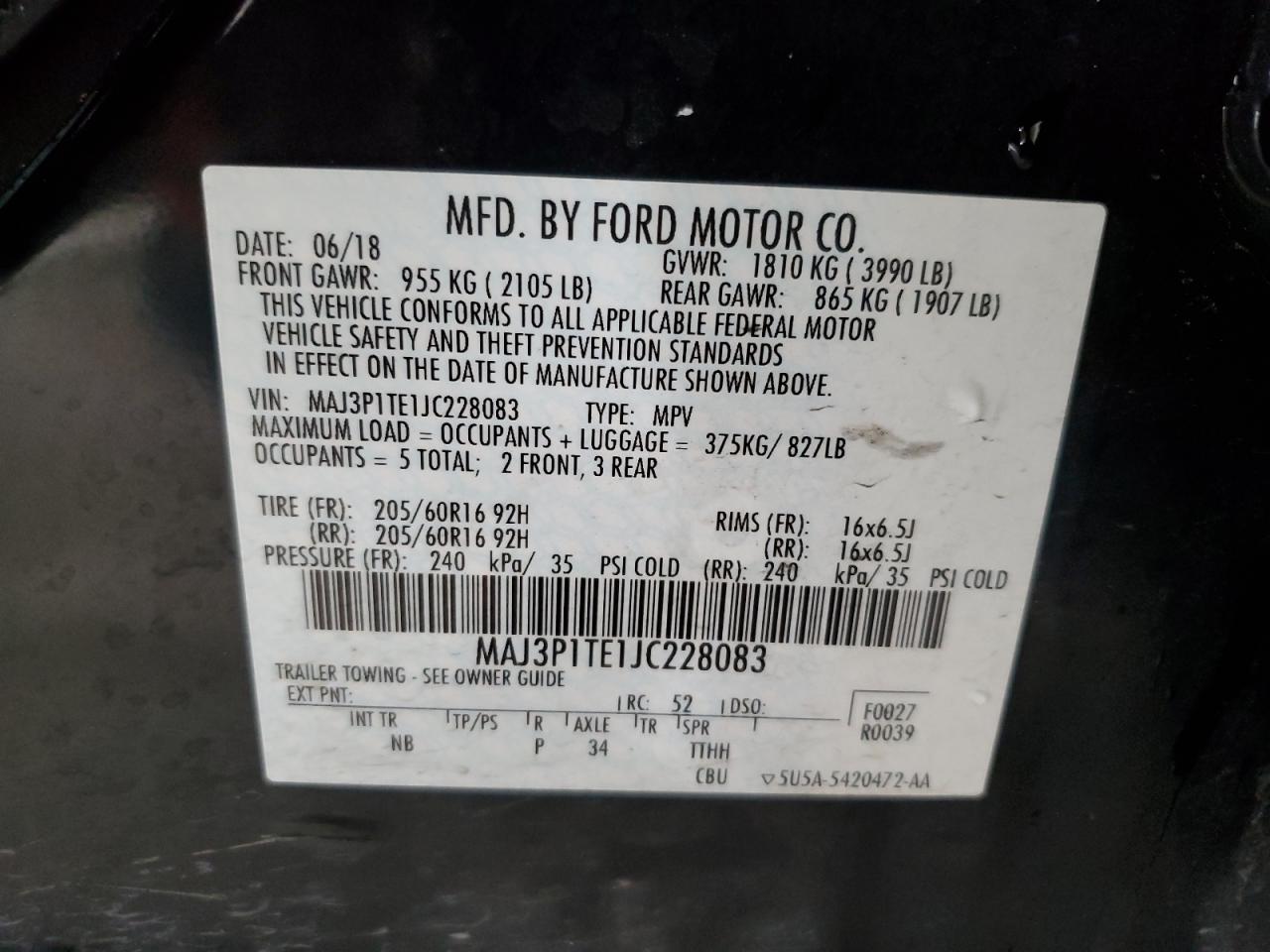 2018 Ford Ecosport Se VIN: MAJ3P1TE1JC228083 Lot: 64233814