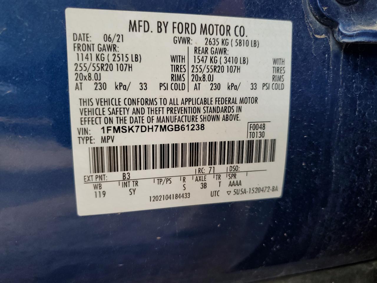 2021 Ford Explorer Xlt VIN: 1FMSK7DH7MGB61238 Lot: 65092904