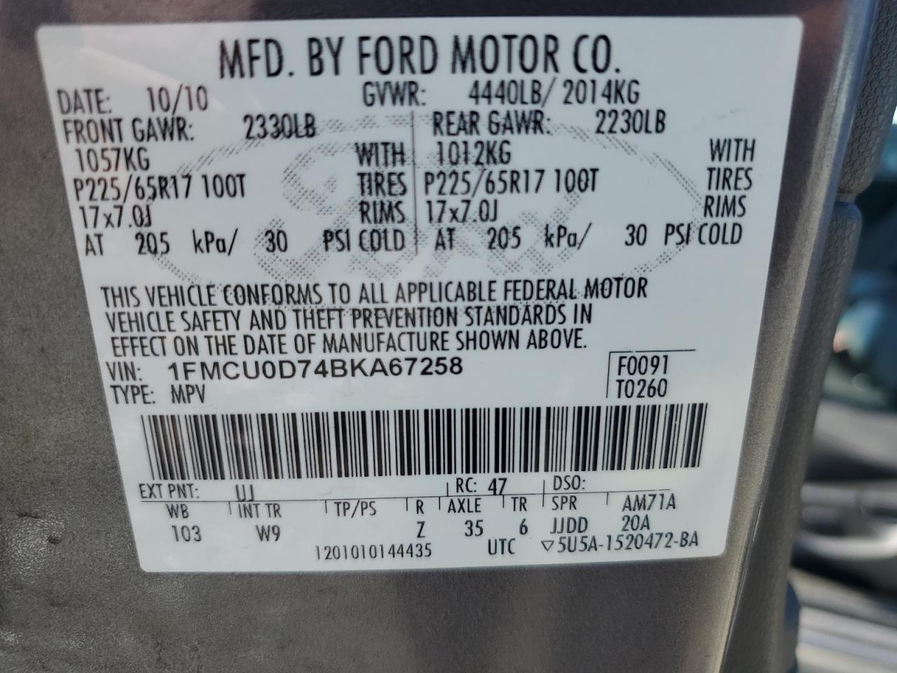 2011 Ford Escape Xlt VIN: 1FMCU0D74BKA67258 Lot: 62751984