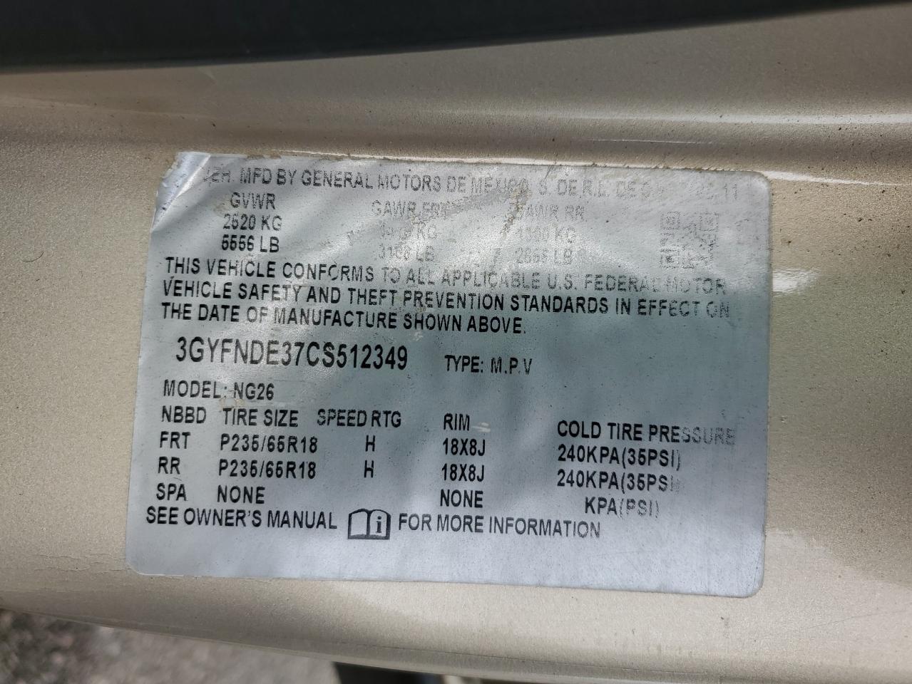 2012 Cadillac Srx Luxury Collection VIN: 3GYFNDE37CS512349 Lot: 64234384