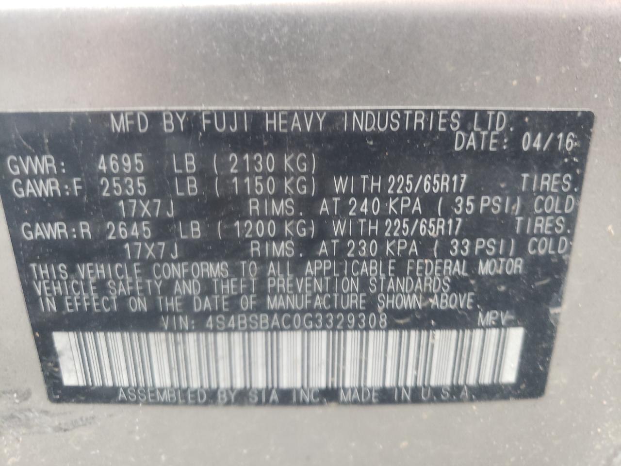 2016 Subaru Outback 2.5I VIN: 4S4BSBAC0G3329308 Lot: 64179344