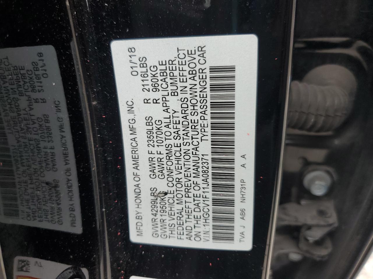 1HGCV1F11JA082371 2018 Honda Accord Lx