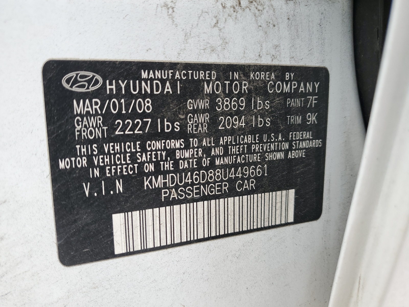 KMHDU46D88U449661 2008 Hyundai Elantra Gls