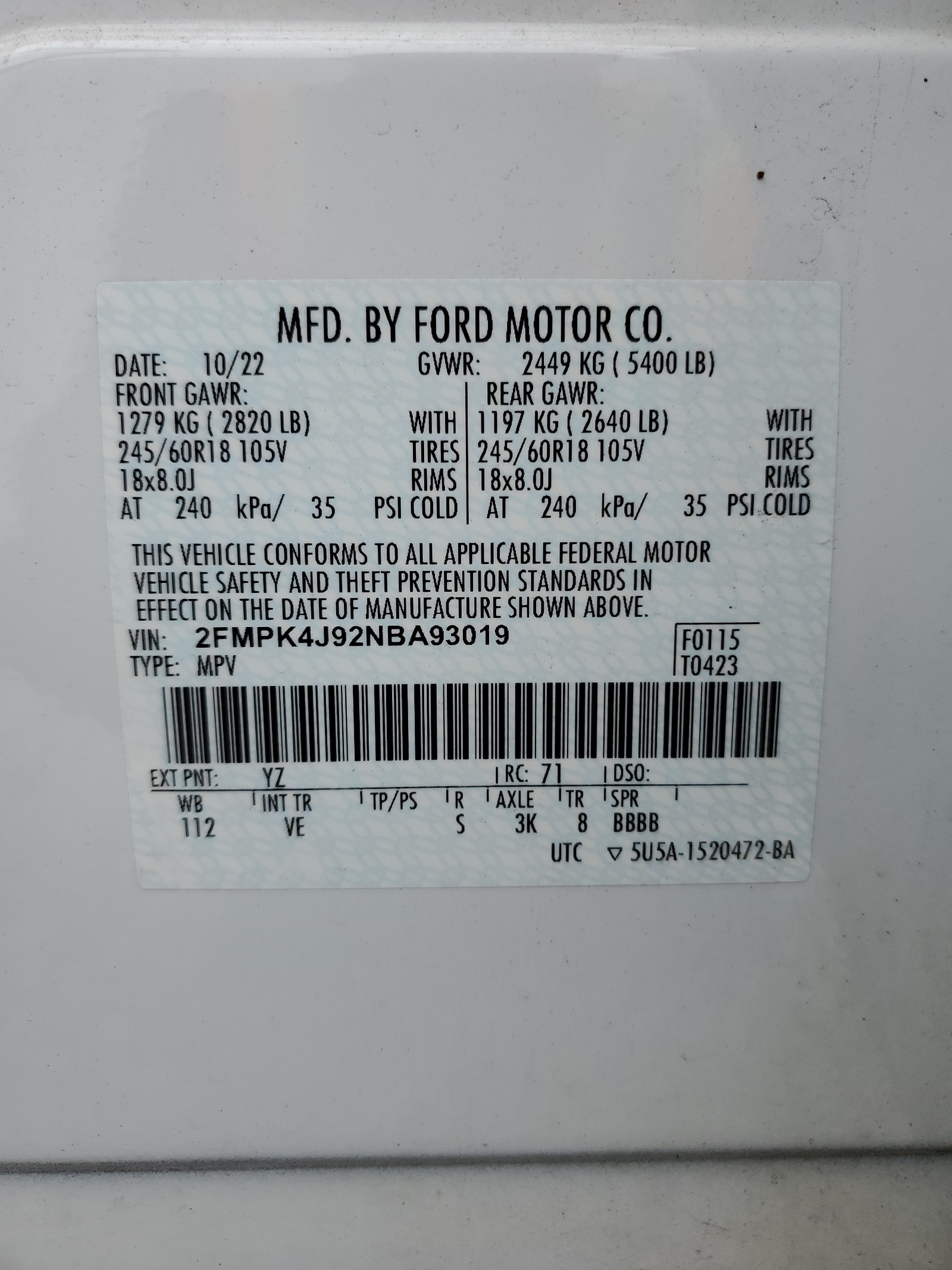 2FMPK4J92NBA93019 2022 Ford Edge Sel