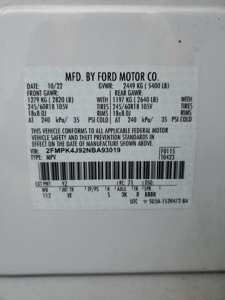2022 Ford Edge Sel VIN: 2FMPK4J92NBA93019 Lot: 64495704