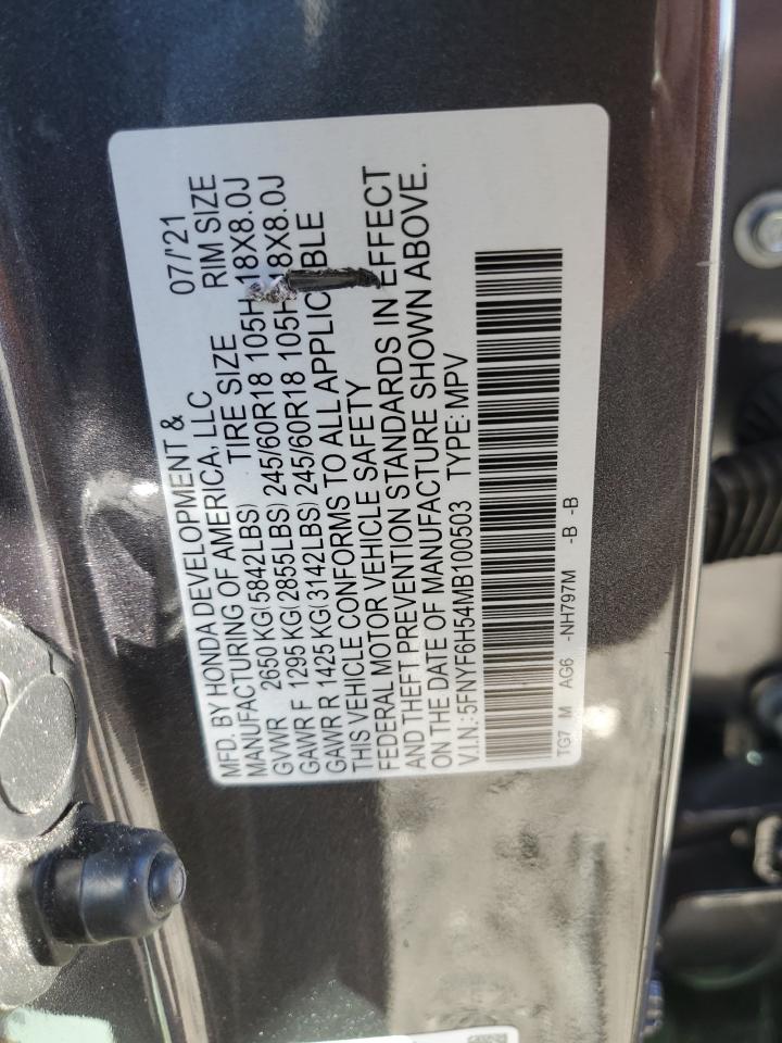 2021 Honda Pilot Exl VIN: 5FNYF6H54MB100503 Lot: 65492554
