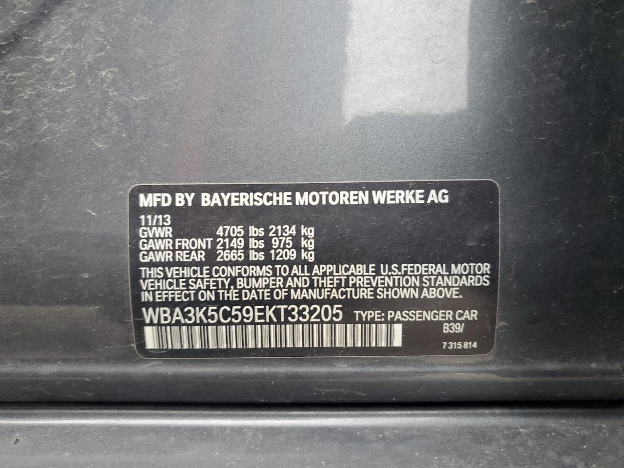 2014 BMW 328 D xDrive VIN: WBA3K5C59EKT33205 Lot: 65216574