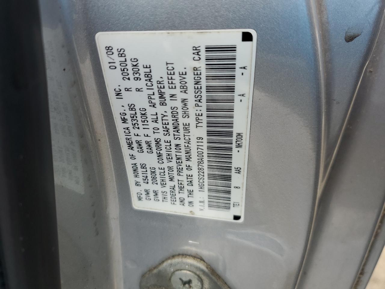 1HGCS22878A007119 2008 Honda Accord Exl