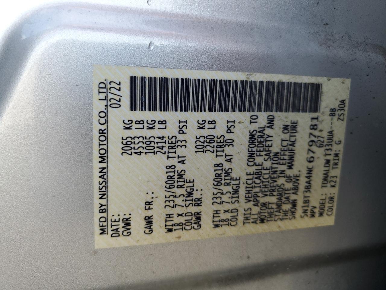 2022 Nissan Rogue Sv VIN: 5N1BT3BA4NC679781 Lot: 63648744