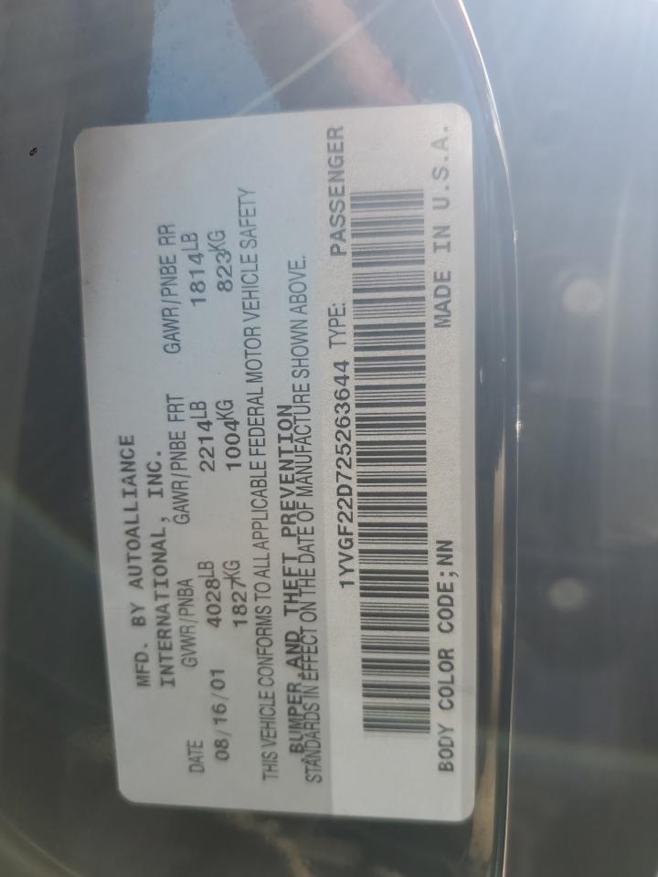 2002 Mazda 626 Es VIN: 1YVGF22D725263644 Lot: 63395554