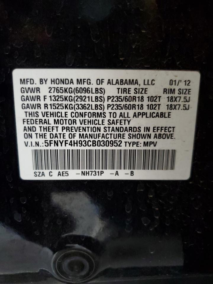 2012 Honda Pilot Touring VIN: 5FNYF4H93CB030952 Lot: 62417964