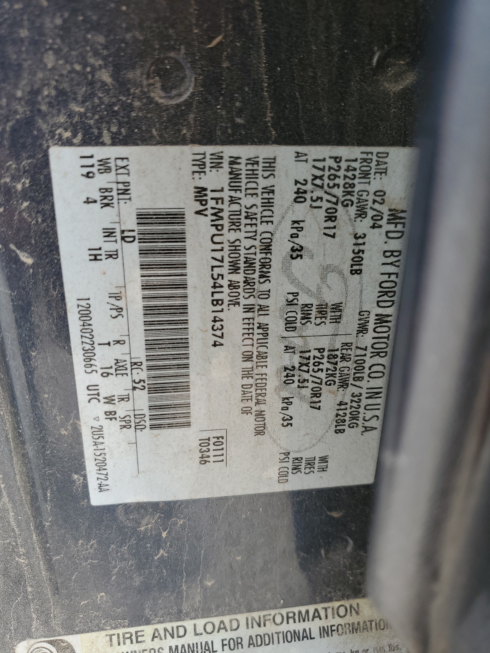 1FMPU17L54LB14374 2004 Ford Expedition Eddie Bauer