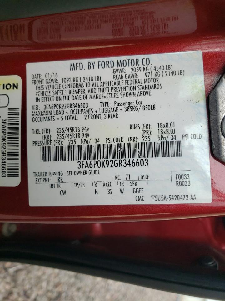 2016 Ford Fusion Titanium VIN: 3FA6P0K92GR346603 Lot: 63882724