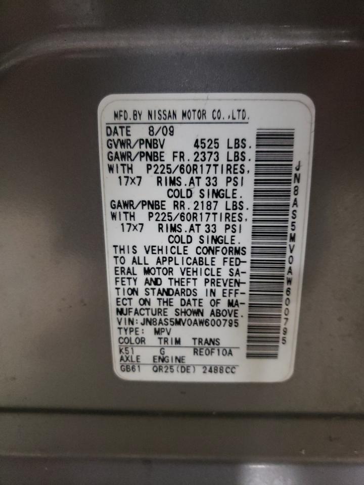 2010 Nissan Rogue S VIN: JN8AS5MV0AW600795 Lot: 62807054