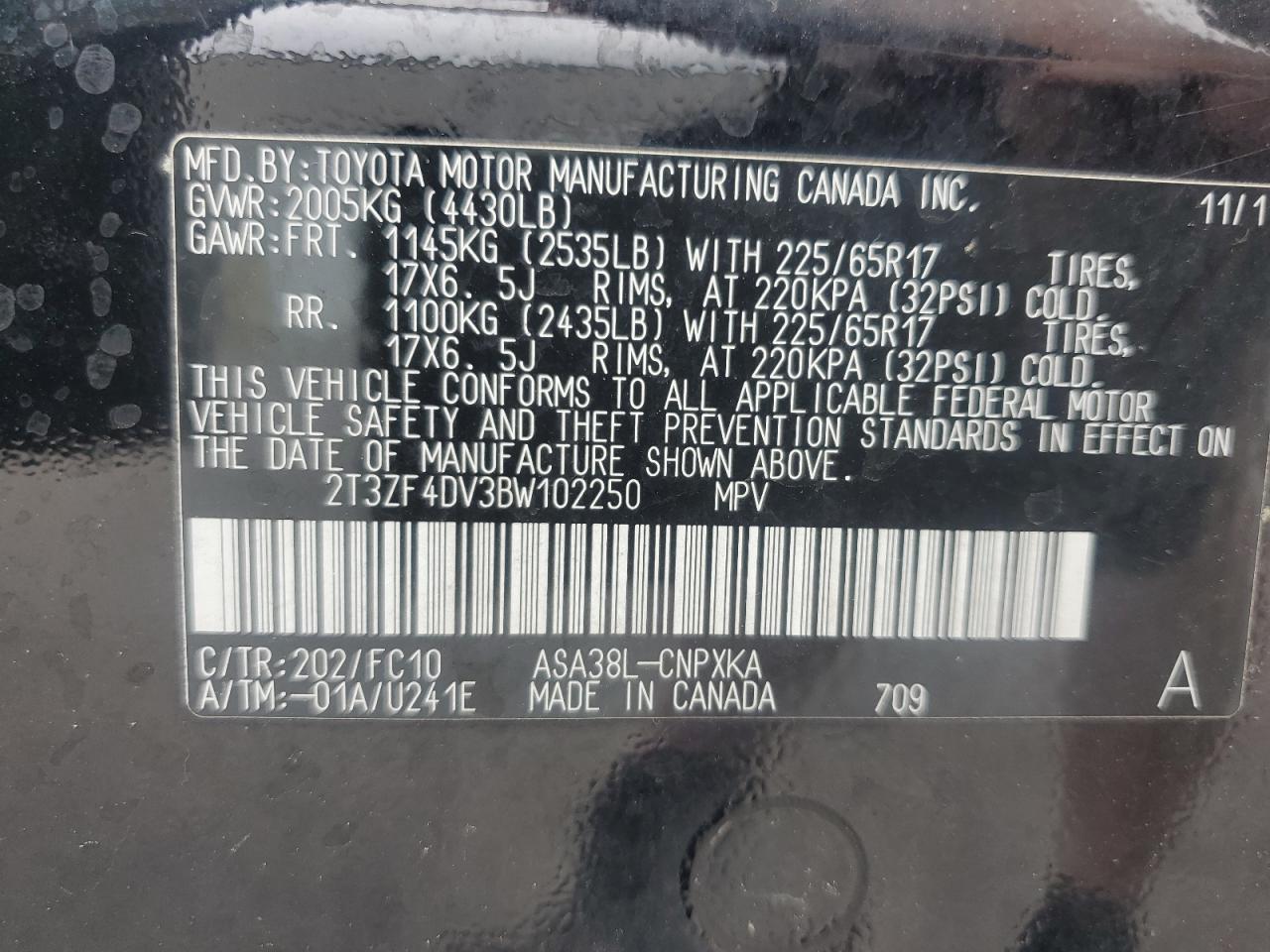 2011 Toyota Rav4 VIN: 2T3ZF4DV3BW102250 Lot: 61683004