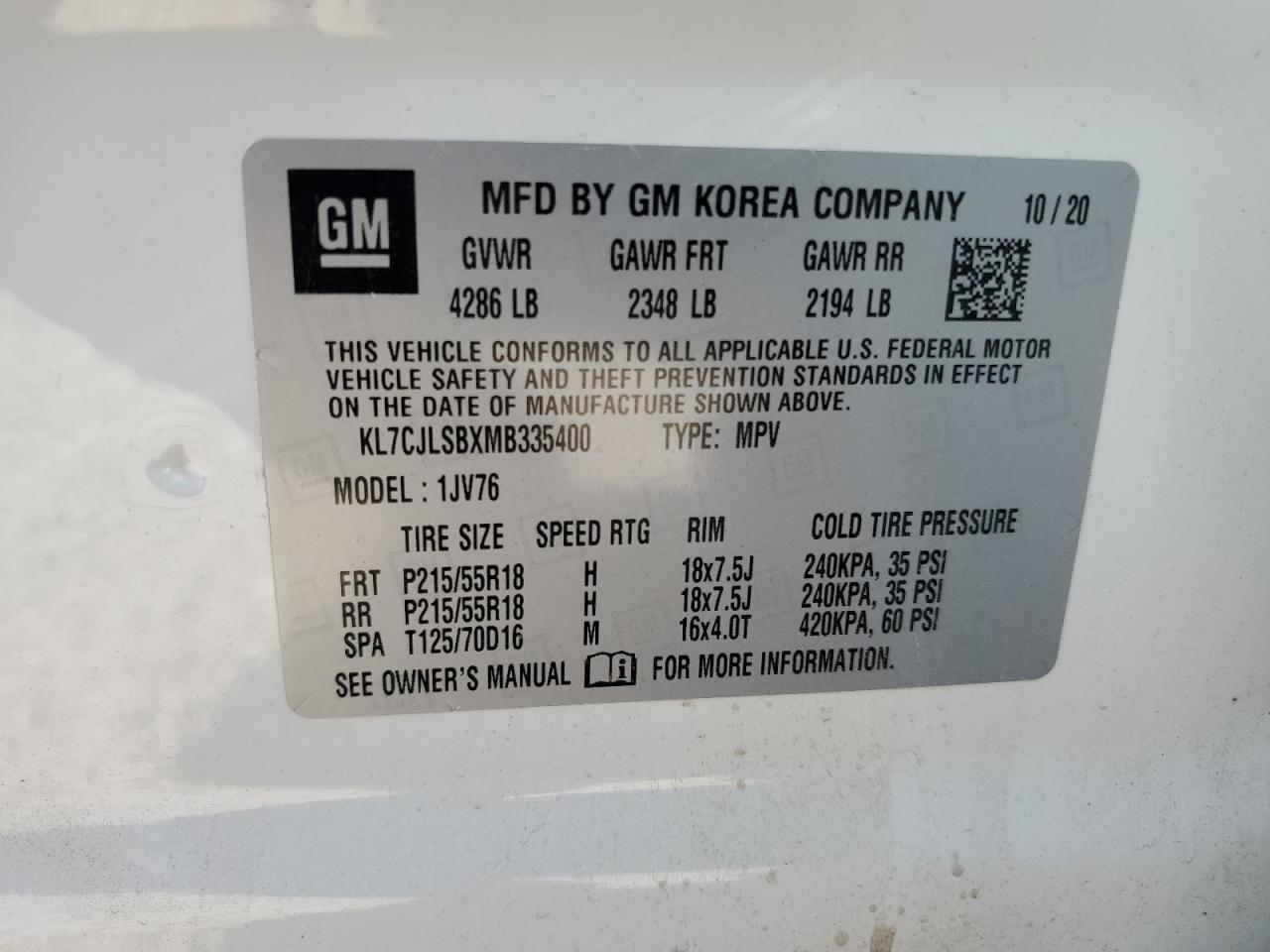 2021 Chevrolet Trax 1Lt VIN: KL7CJLSBXMB335400 Lot: 61942414