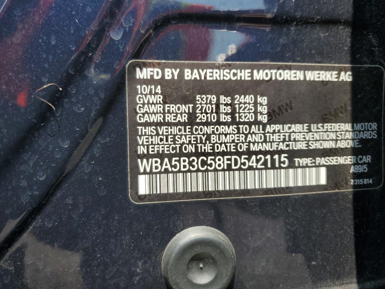 2015 BMW 535 Xi VIN: WBA5B3C58FD542115 Lot: 64900194