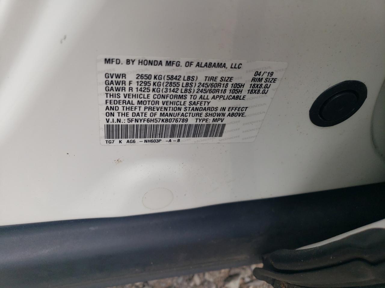 2019 Honda Pilot Exl VIN: 5FNYF6H57KB076789 Lot: 63675994