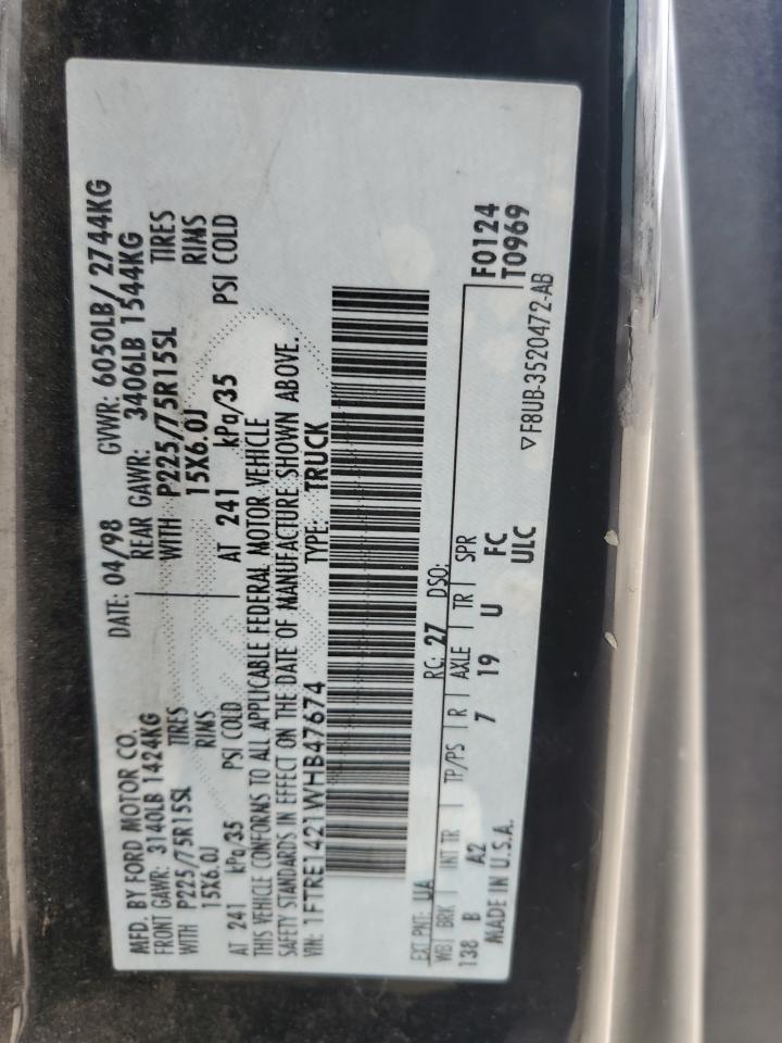 1998 Ford Econoline E150 Van VIN: 1FTRE1421WHB47674 Lot: 63609864