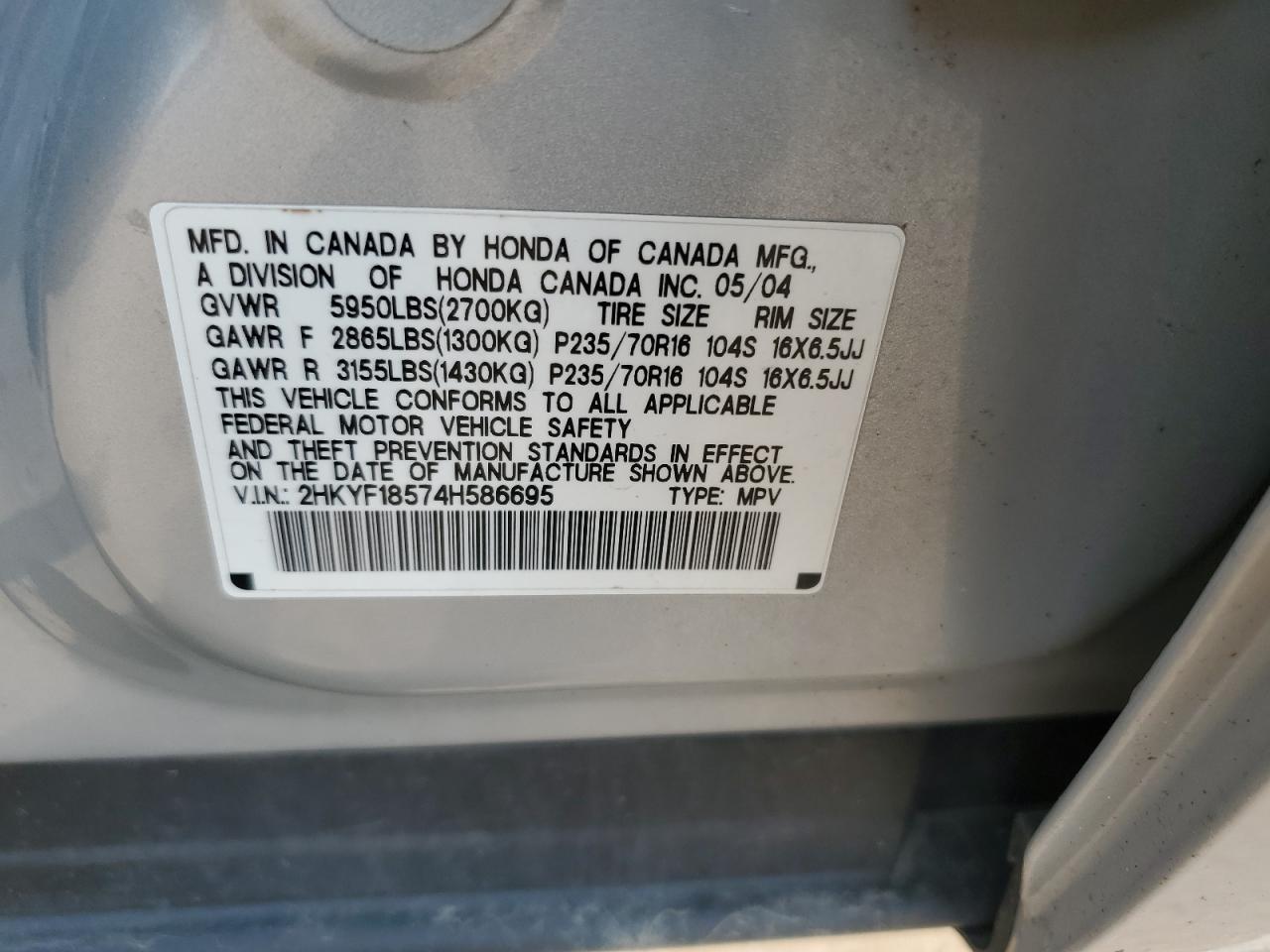 2004 Honda Pilot Exl VIN: 2HKYF18574H586695 Lot: 64854184