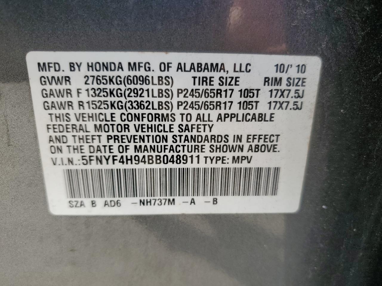 2011 Honda Pilot Touring VIN: 5FNYF4H94BB048911 Lot: 61439934