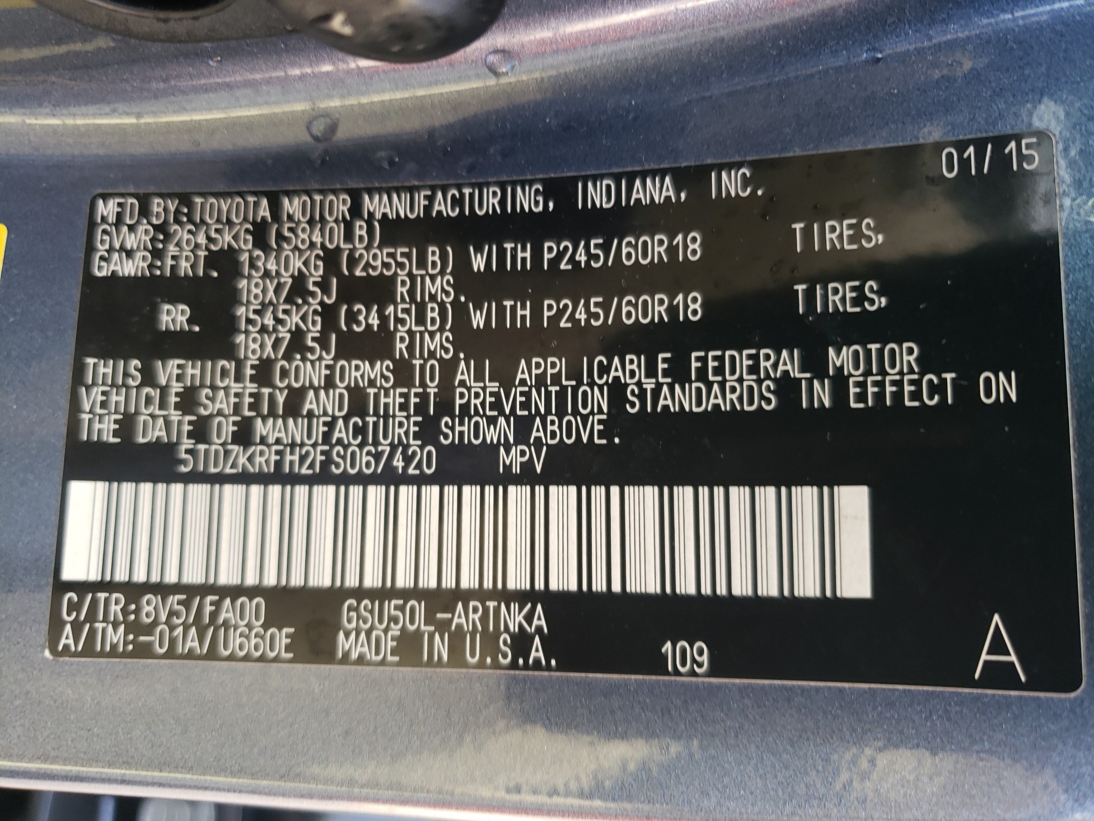 5TDZKRFH2FS067420 2015 Toyota Highlander Le