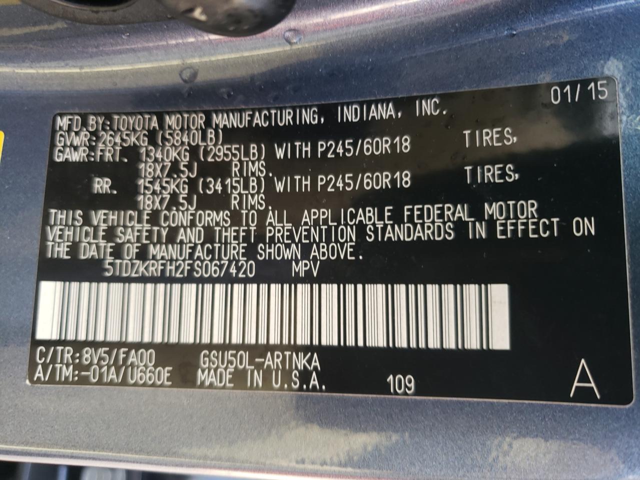 2015 Toyota Highlander Le VIN: 5TDZKRFH2FS067420 Lot: 63185484